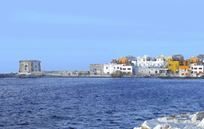 Stampa su tela o pannello fotografico del centro storico di Trapani lato sud con Torre di Ligny elaborata come un dipinto