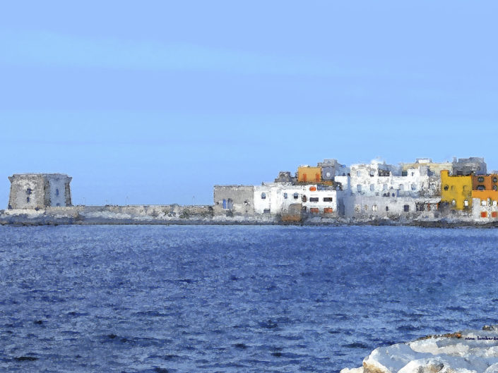 Stampa su tela o pannello fotografico del centro storico di Trapani lato sud con Torre di Ligny elaborata come un dipinto
